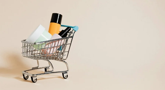 Image of a mini shopping cart with makeup products in it, used in a brand awareness survey template.