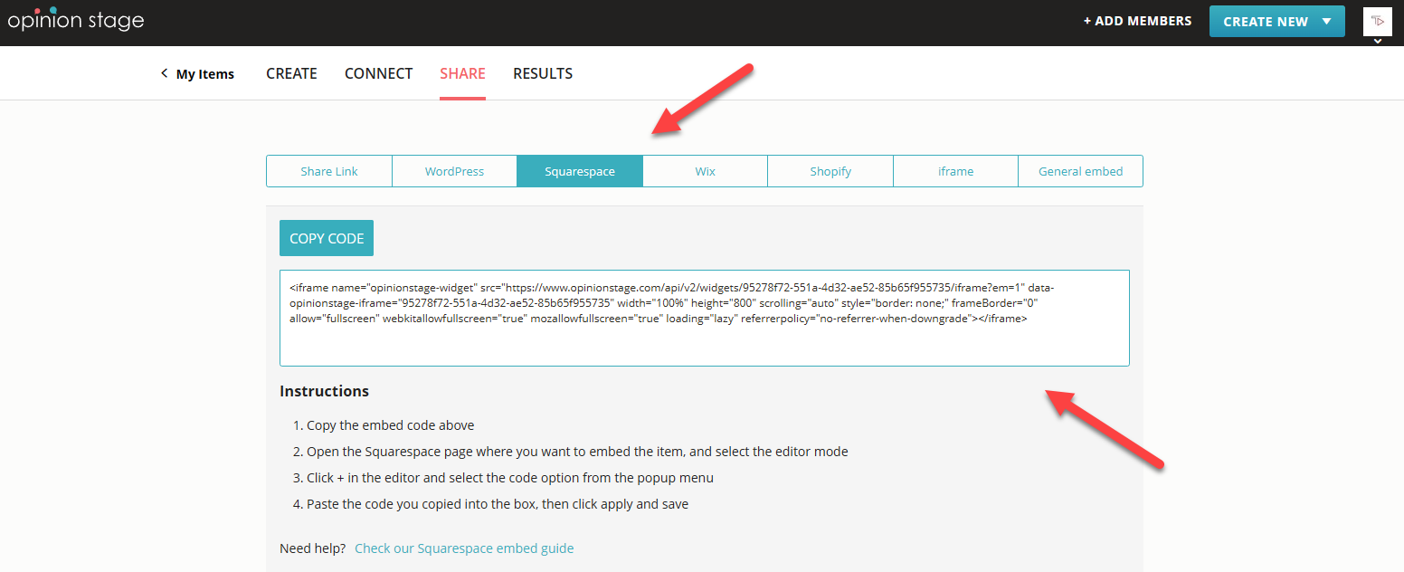 Screenshot of Opinion Stage's quiz builder showing how you can find and copy your quiz's Squarespace embed code.