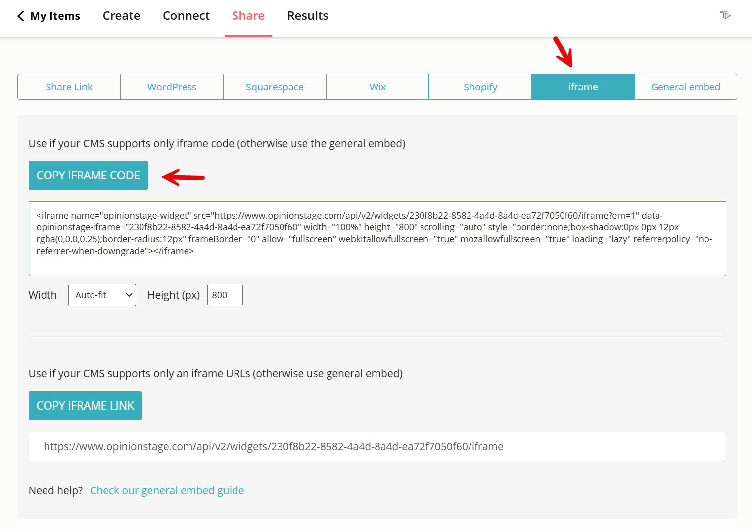 Image showing how you can copy the iFrame code for your item on Opinion Stage.