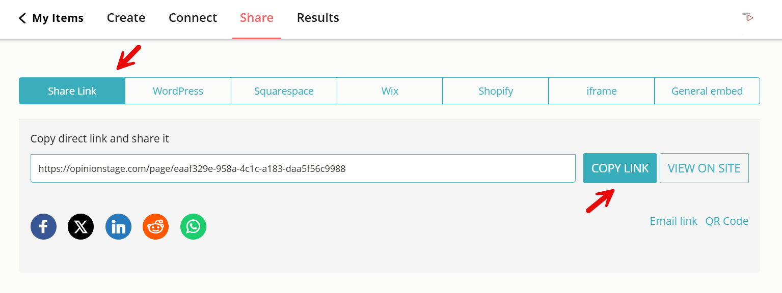 Image showing how you can share your Instagram survey using the Opinion Stage survey maker.