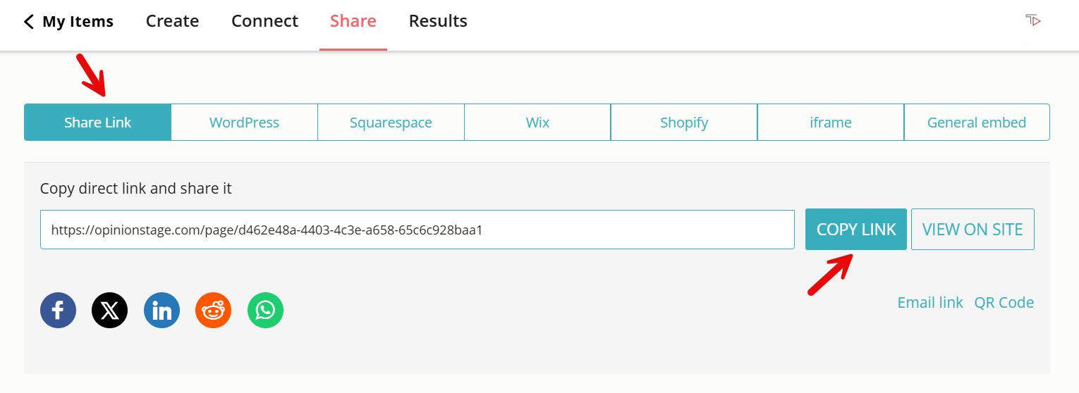 Image showing how you can share a quiz with the Opinion Stage quiz maker.