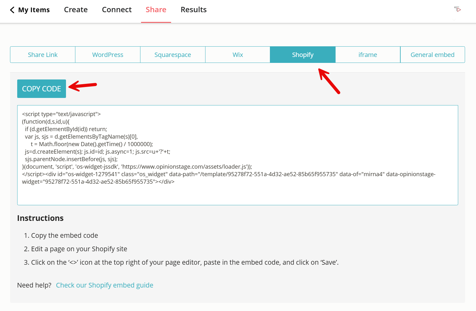 Screenshot showing the Opinion Stage poll maker, used in a how-to tutorial that describes how you can add a poll to your Shopify site.