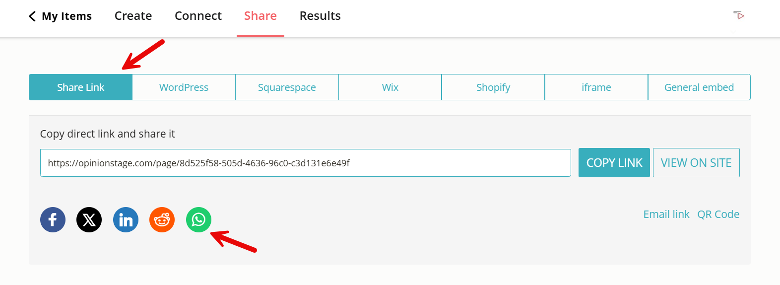 Image showing how you can share a survey to WhatsApp using the Opinion Stage survey maker.