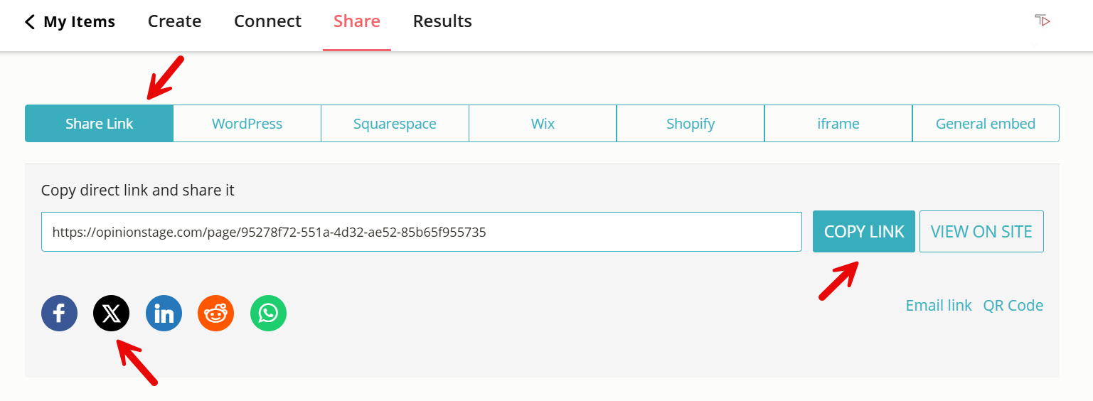 Image showing how you can share your quiz on X using the Opinion Stage quiz maker.