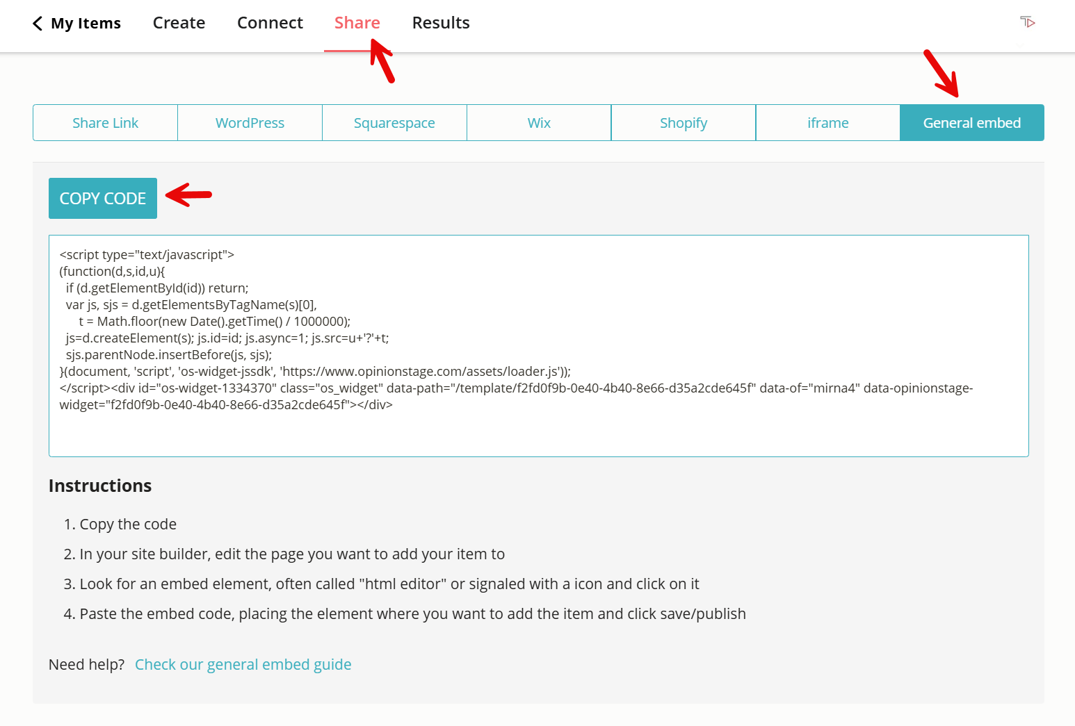 How to copy the embed code of your Showit survey.